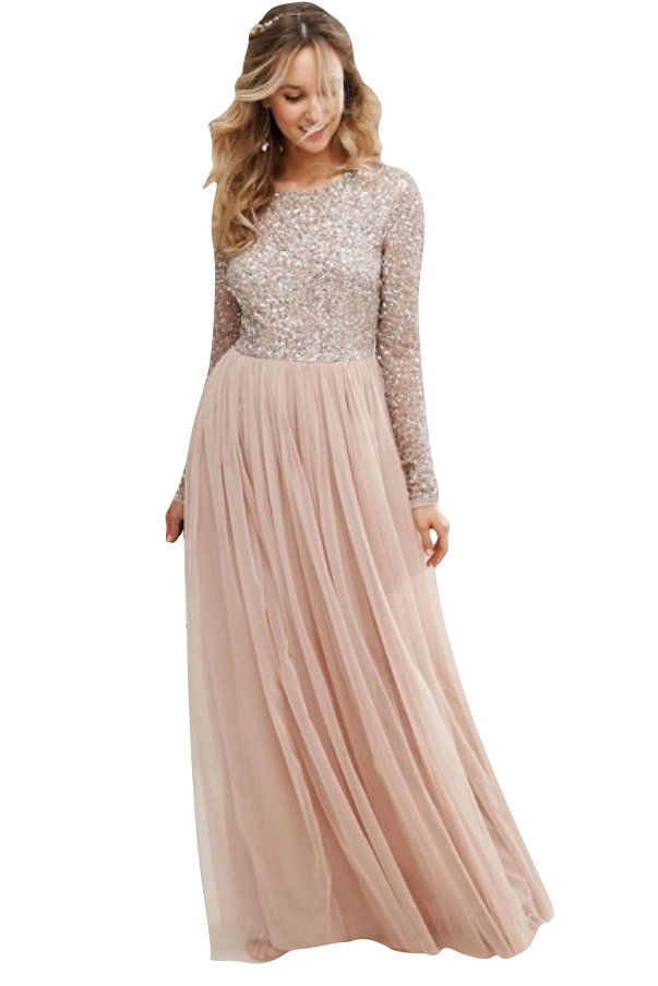 माया Long Sleeved Maxi Dress with Delicate Sequin and Tulle Skirt 