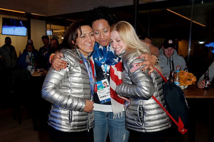 เรา. Olympians Elana Meyers, Jazmine Fenlator and Jamie Greubel visit the USA House in the Olympic Village on February 20, 2014 in Sochi, Russia
