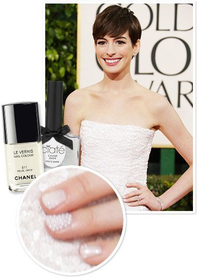 ऐनी Hathaway's elegant pearl and caviar manicure