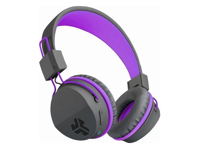 धूसर and purple headphones