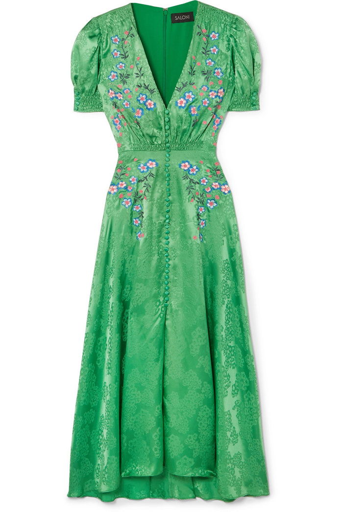 घास का मैदान embroidered silk-satin jacquard midi dress