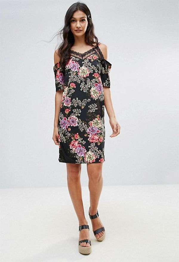 ASOS Daisy Street Floral Cold Shoulder Dress With Lace Neckline