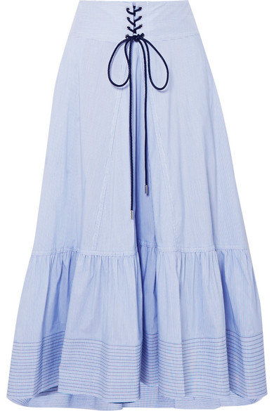 लेस बांध लो Striped Cotton-Blend Poplin Midi Skirt 