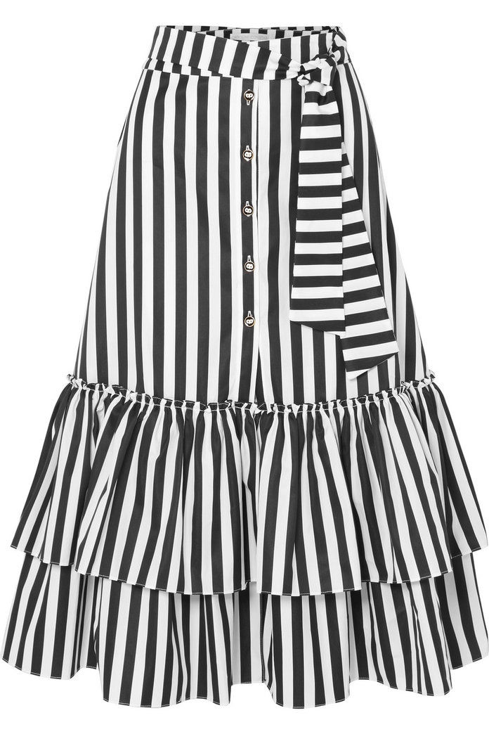 झालरदार Striped Cotton-Poplin Midi Skirt 