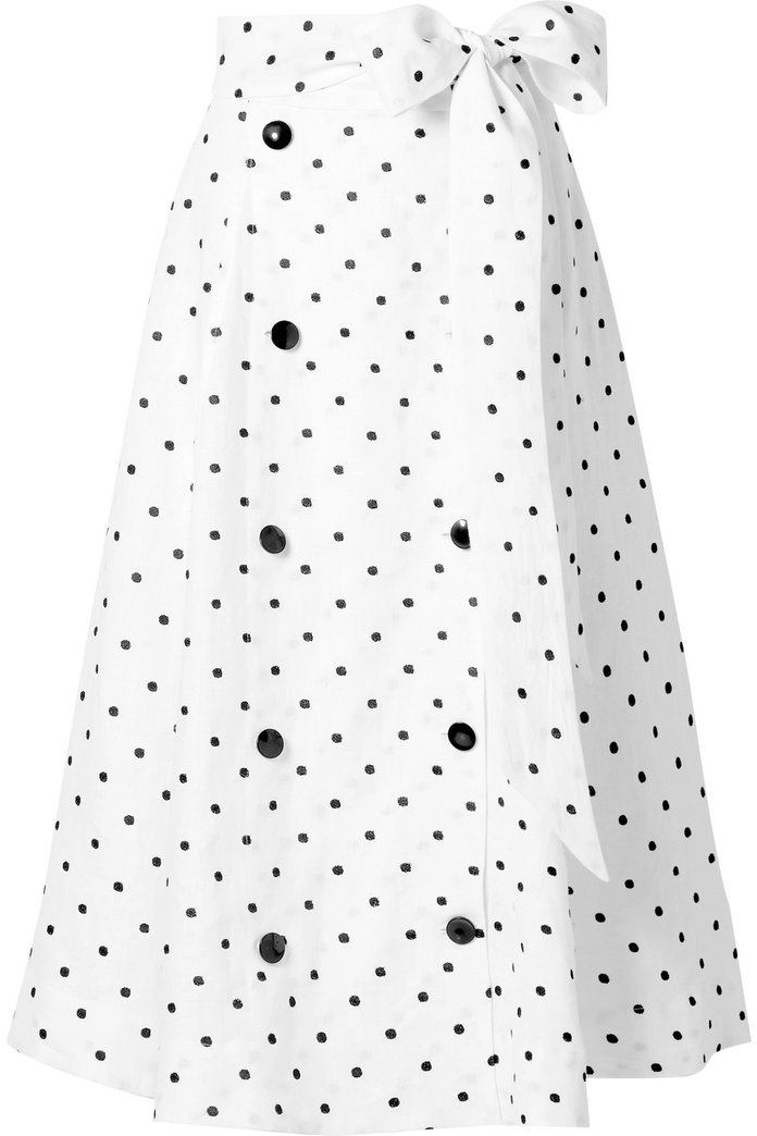 डायना Embroidered Polka-Dot Linen Midi Skirt 