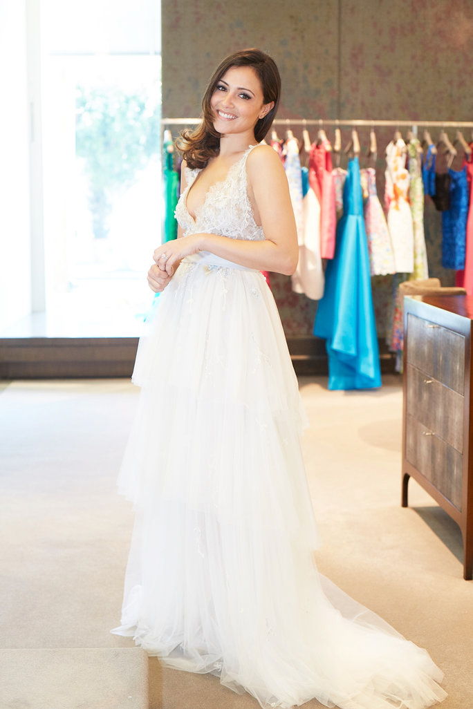मोनिक Lhuillier “Coralie” gown with ombre sash and layered Spanish tulle skirt, $7,855. 