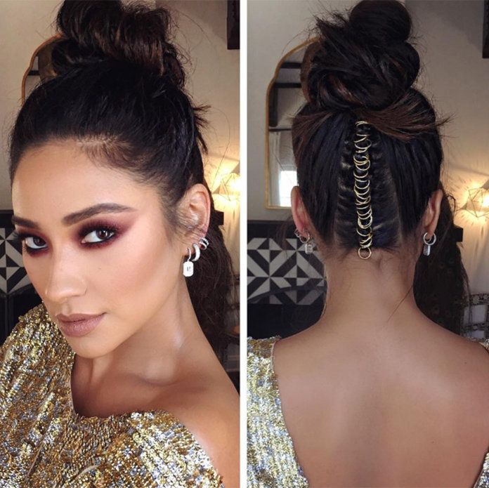 Shay Mitchell topknot braid with rings