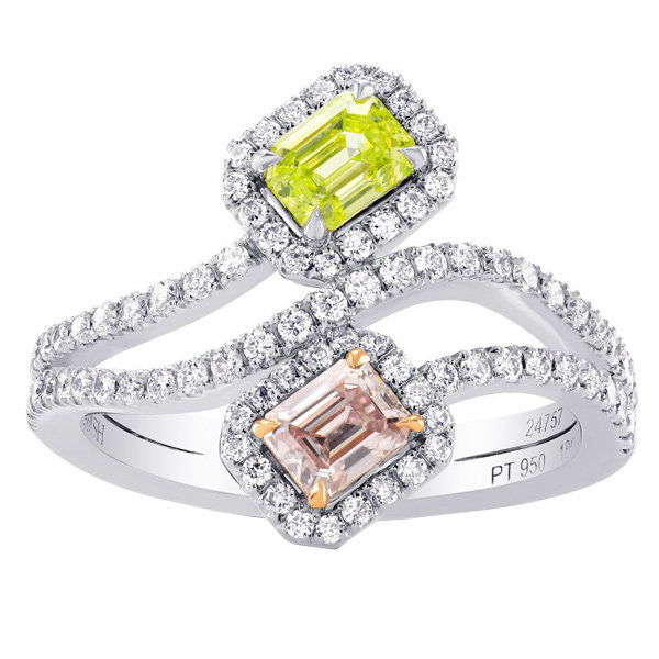 Leibish Pink and Yellow Diamond Cross-Over Halo Ring 