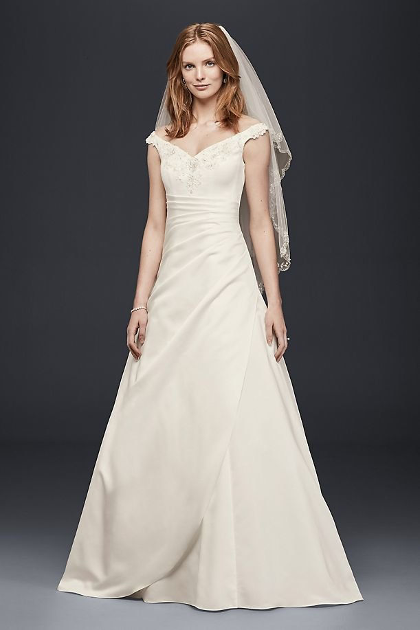 डेविड'S BRIDAL COLLECTION Off-the-Shoulder A-Line Satin Wedding Dress