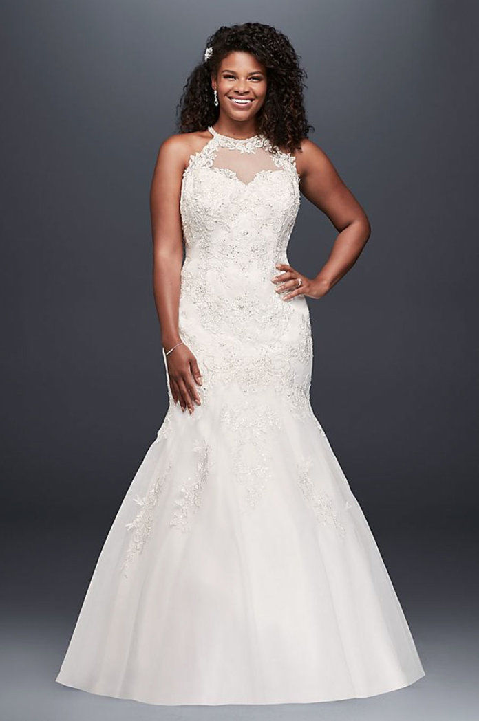 गहना Illusion Halter Lace Plus Size Wedding Dress 