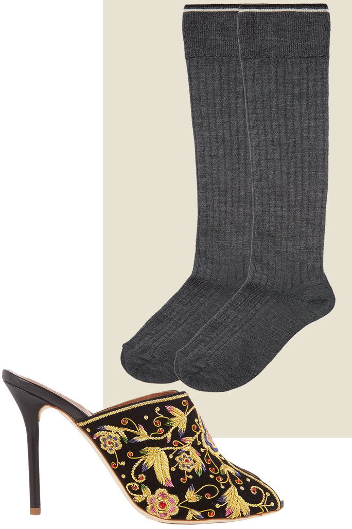 เปิดนิ้วเท้า Embroidered Mules + Gray Ribbed Socks 
