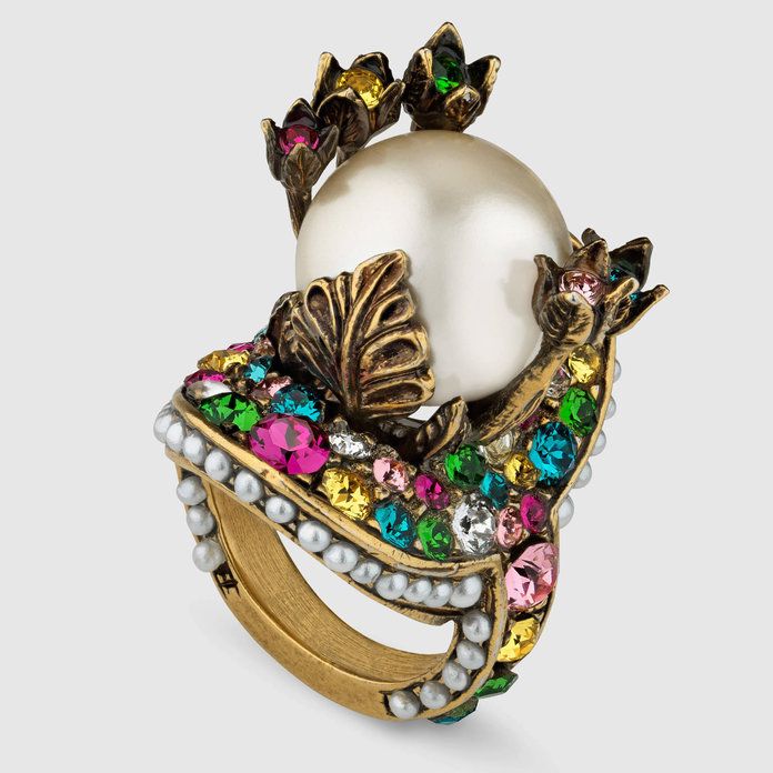 गुच्ची Flower ring with resin pearl 