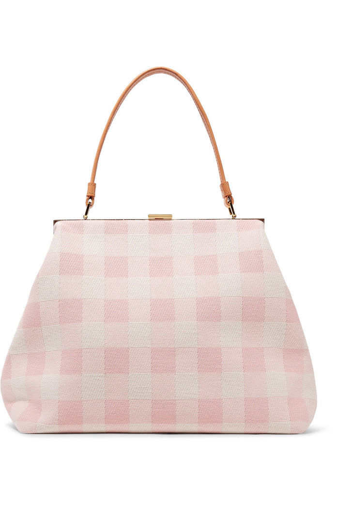 शिष्ट leather-trimmed checked cotton-canvas tote 