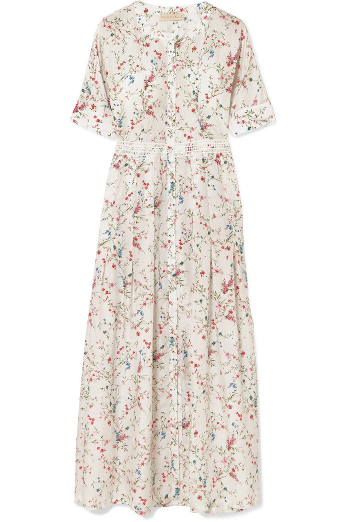 लेस-छंटनी floral-print silk midi dress 