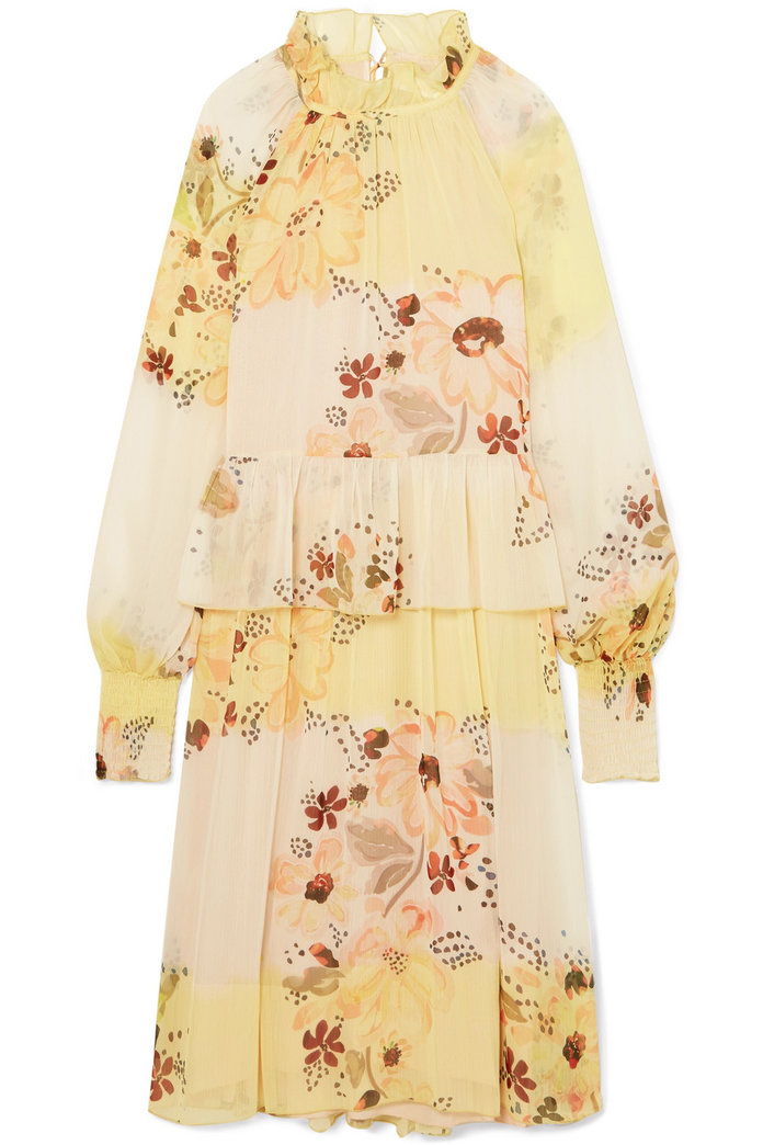 स्तरित Floral-Print Georgette Dress 