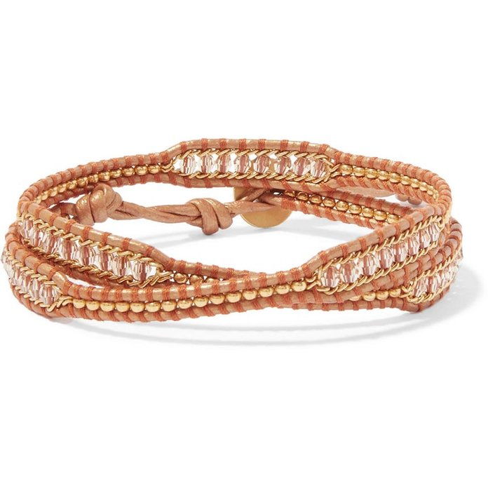 leath and Gold-Tone Beaded Wrap Bracelet 