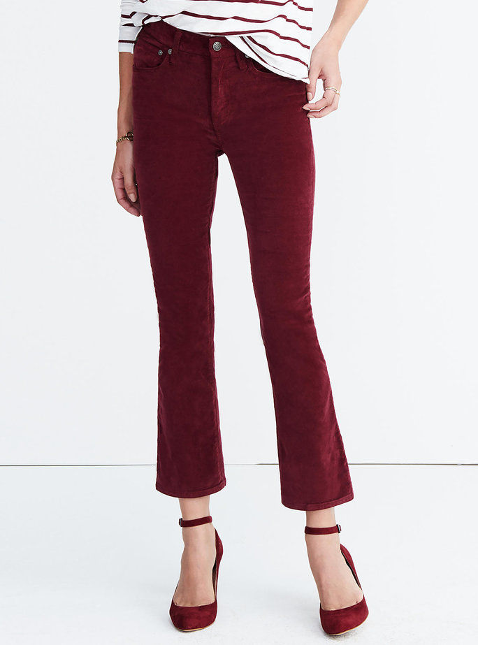 Madewell red, cropped flare velvet pants