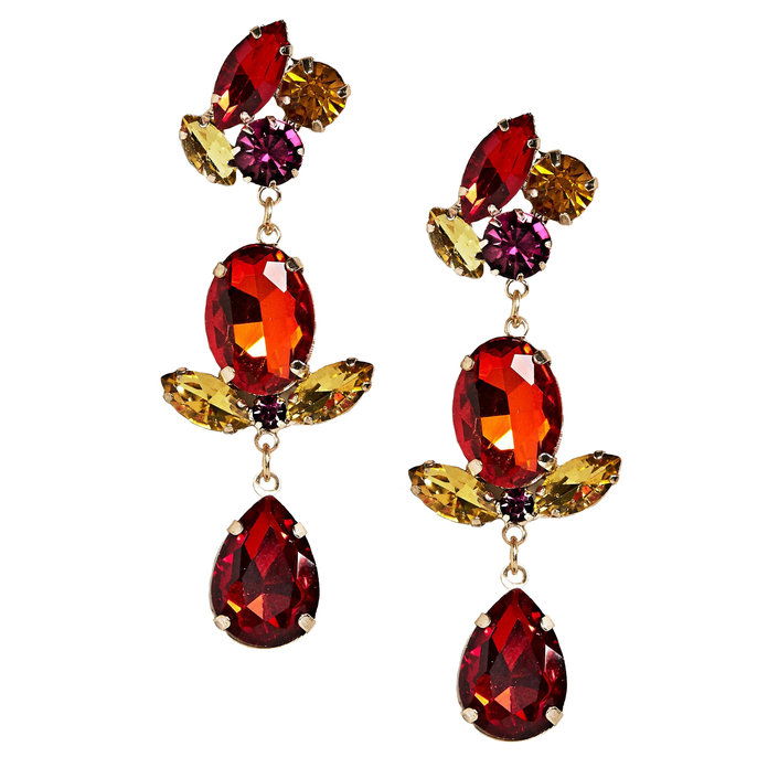 लाल Triple Drop Gemstone Earrings 