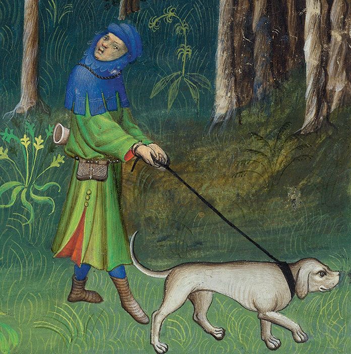 विस्तार of: Gaston Phoebus (1331–1391) Recognizing a Great Hart from the Fraying Post Livre de la chasse, in French France, Paris ca. 1407