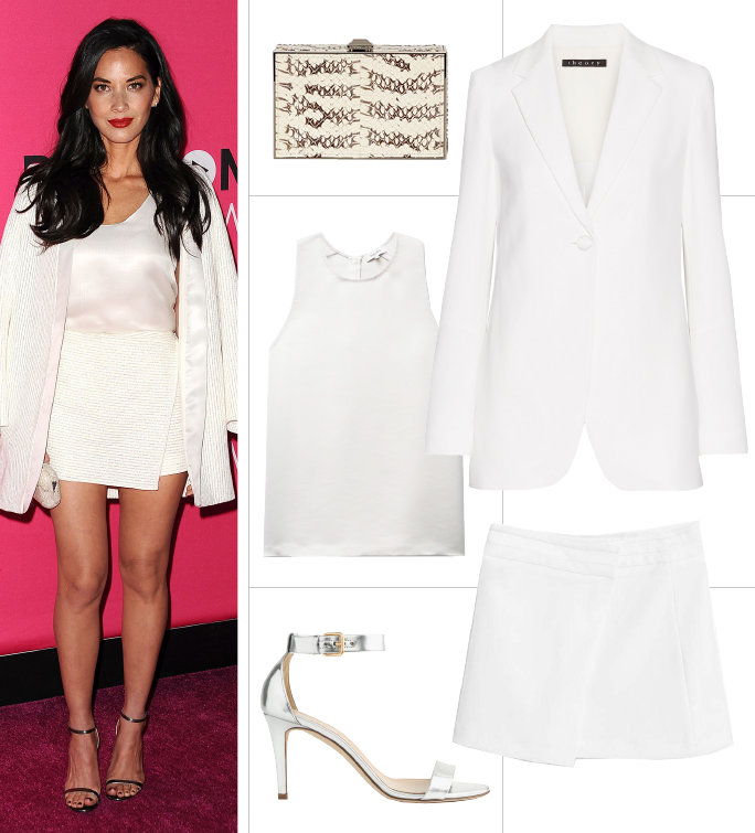 oversize White Blazer + Satin White Tank + White Skirt