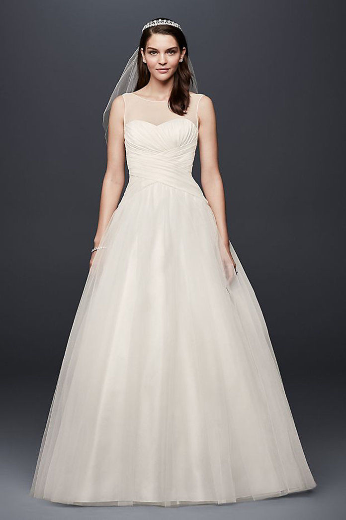 डेविड's Bridal Illusion Neckline Organza Ball Gown Wedding Dress