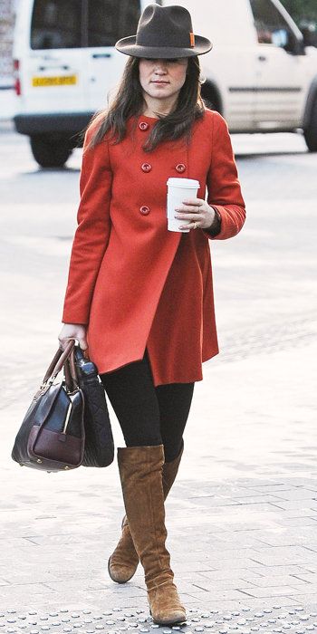 पिप्पा Middleton - red Zara coat, brown boots, black leggings, and brown two-tone Loewe bag