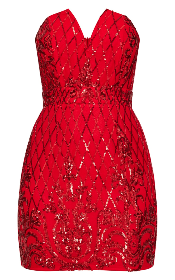 लाल Bardot V-Cut Dress 