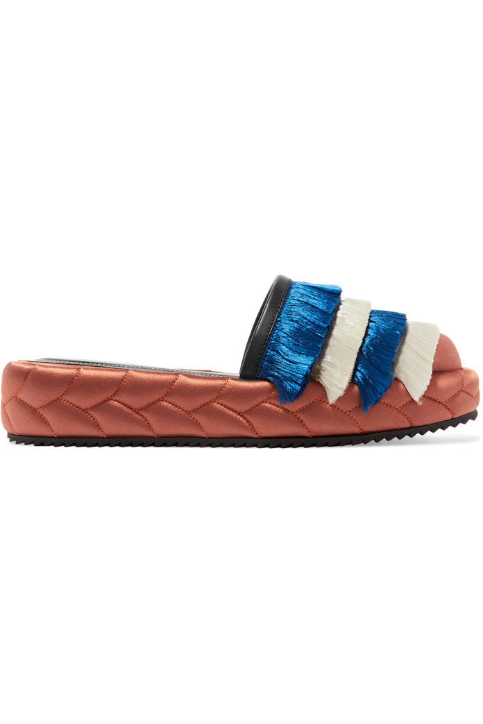 MARCO DE VINCENZO Leather-trimmed fringed satin slippers