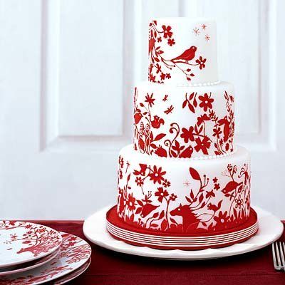 สีแดง and white wedding cake