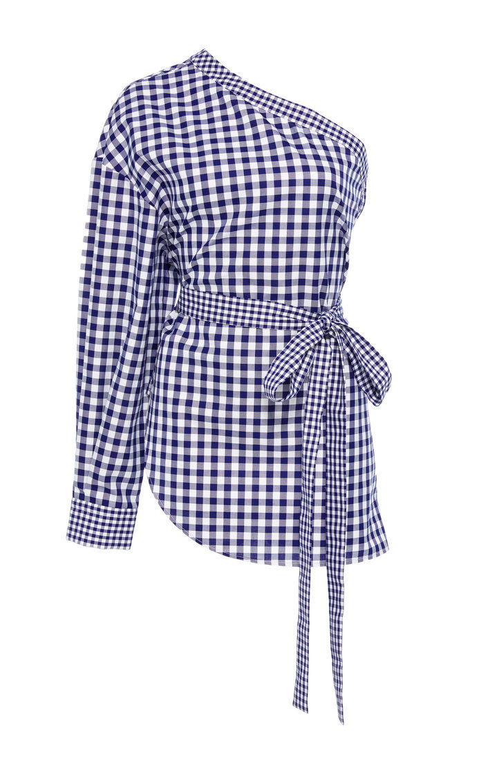 Rosetta Getty One-Shoulder Gingham Cotton Blouse